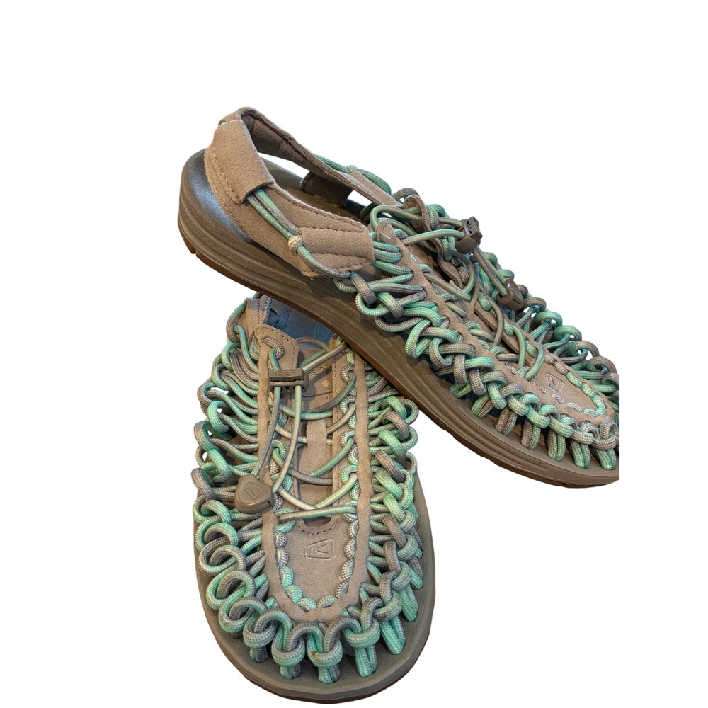 KEEN Uneek Sandals Womens 8 Grey Teal Excellent Corded Walking Shoes
